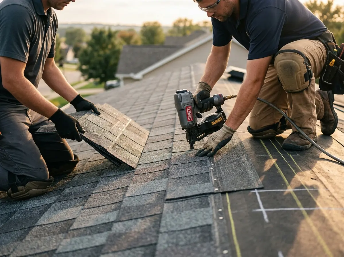 Professional roofer working on a residential roof in Garrison